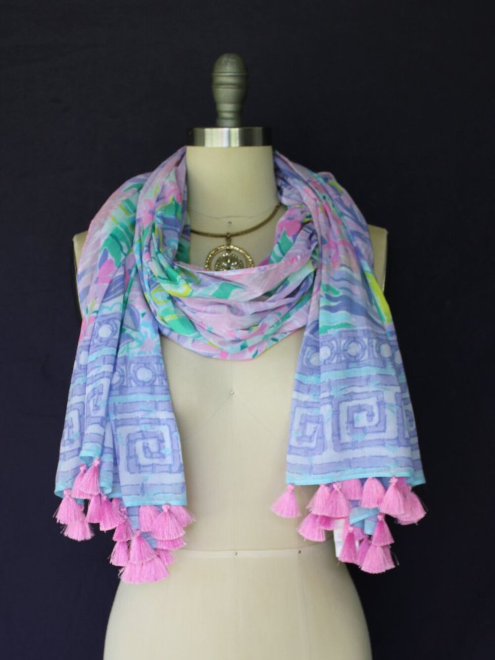 lilly pulitzer resort scarf pink tassel lattice greek key wrap shawl sarong - Picture 2 of 10